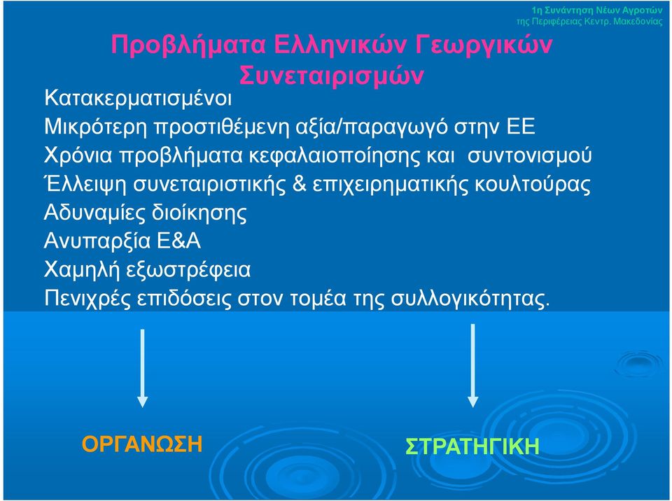 συντονισμού Έλλειψη συνεταιριστικής & επιχειρηματικής κουλτούρας Αδυναμίες διοίκησης