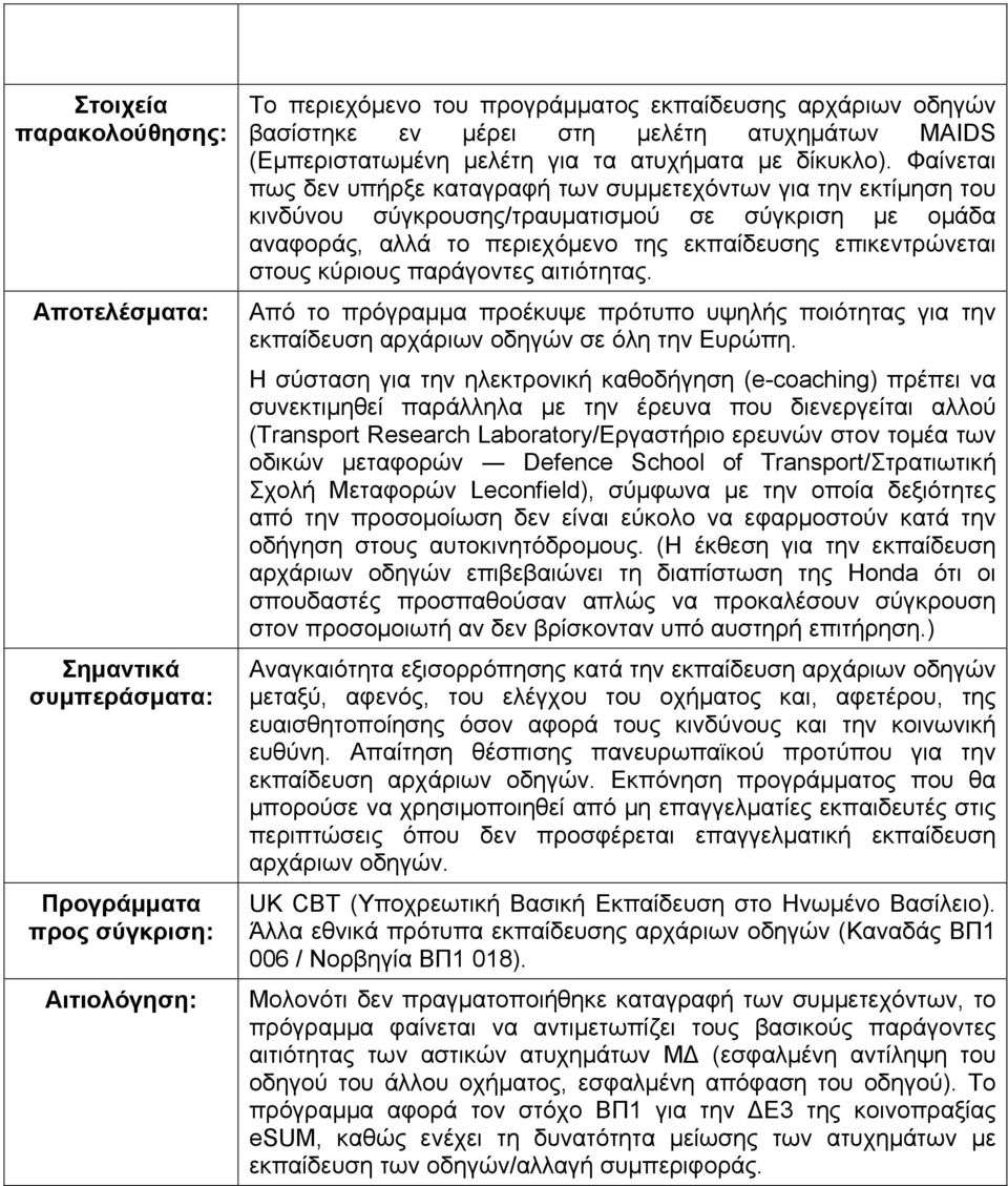 Φαίνεται πως δεν υπήρξε καταγραφή των συμμετεχόντων για την εκτίμηση του κινδύνου σύγκρουσης/τραυματισμού σε σύγκριση με ομάδα αναφοράς, αλλά το περιεχόμενο της εκπαίδευσης επικεντρώνεται στους