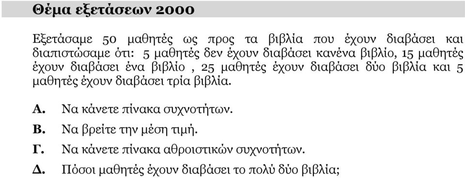 διαβάσει δύο βιβλία και 5 μαθητές έχουν διαβάσει τρία βιβλία. Α. Να κάνετε πίνακα συχνοτήτων. Β.