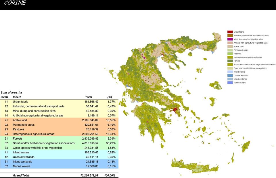 119,32 0,53% 24 Heterogeneous agricultural areas 2.203.291,58 16,61% 31 Forests 2.439.049,83 18,39% 32 Shrub and/or herbaceous vegetation associations 4.815.