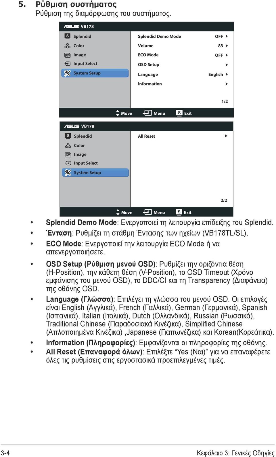 System Setup All Reset 2/2 Move Menu Exit Splendid Demo Mode: Ενεργοποιεί τη λειτουργία επίδειξης του Splendid. Ένταση: Ρυθμίζει τη στάθμη Έντασης των ηχείων (VB178TL/SL).