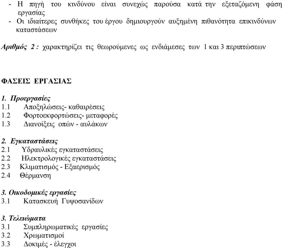 1 Αποξηλώσεις- καθαιρέσεις 1.2 Φορτοεκφορτώσεις- μεταφορές 1.3 Διανοίξεις οπών - αυλάκων 2. Εγκαταστάσεις 2.1 Υδραυλικές εγκαταστάσεις 2.