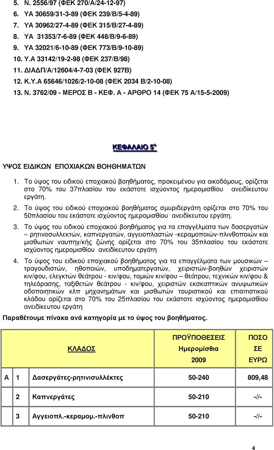 Το ύψος του ειδικού εποχιακού βοηθήµατος, προκειµένου για οικοδόµους, ορίζεται στο 70% του 37πλασίου του εκάστοτε ισχύοντος ηµεροµισθίου ανειδίκευτου εργάτη. 2.