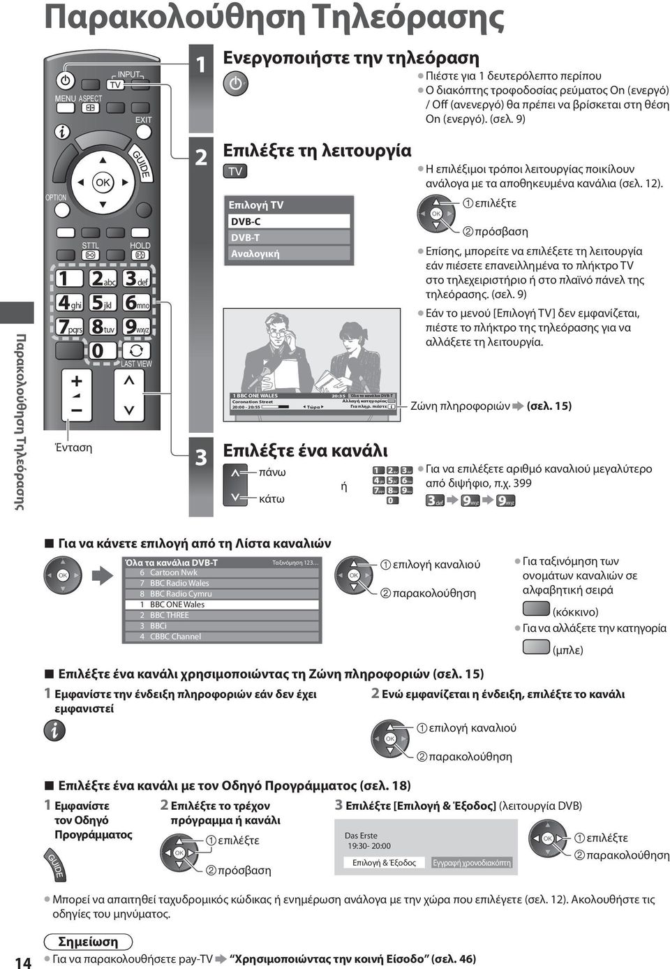 9) Επιλέξτε τη λειτουργία TV Eπιλογή TV DVB-C DVB-T Αναλογική 1 BBC ONE WALES20:35 Όλα τα κανάλια DVB-T Coronation Street Αλλαγή κατηγορίας 20:00-20:55 Τώρα Επιλέξτε ένα κανάλι πάνω κάτω ή Η