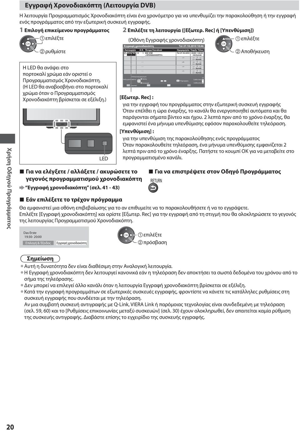 Rec] ή [Υπενθύμιση]) (Οθόνη Εγγραφής χρονοδιακόπτη) ρυθμίστε Η LED θα ανάψει στο πορτοκαλί χρώμα εάν οριστεί ο Προγραμματισμός Χρονοδιακόπτη.