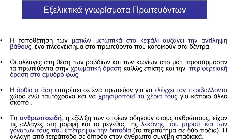 Η όρθια στάση επιτρέπει σε ένα πρωτεύον για να ελέγχει τον περιβαλλοντα χώρο ενώ ταυτόχρονα και να χρησιμοποιεί τα χέρια τους για κάποιο άλλο σκοπό.