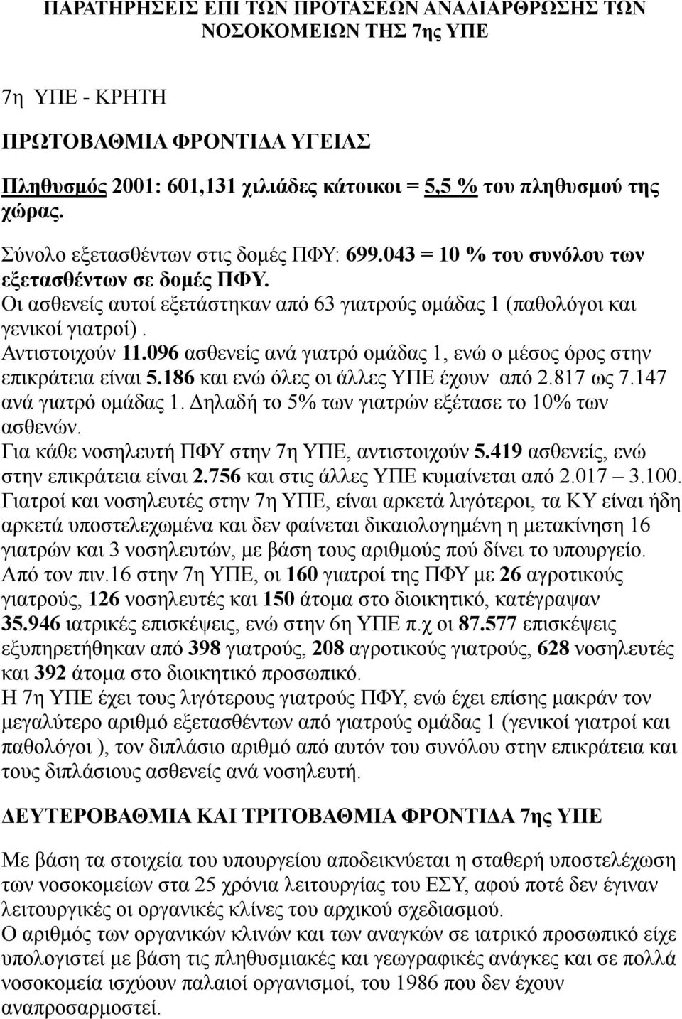 096 ασθενείς ανά γιατρό ομάδας 1, ενώ ο μέσος όρος στην επικράτεια είναι 5.186 και ενώ όλες οι άλλες ΥΠΕ έχουν από 2.817 ως 7.147 ανά γιατρό ομάδας 1.