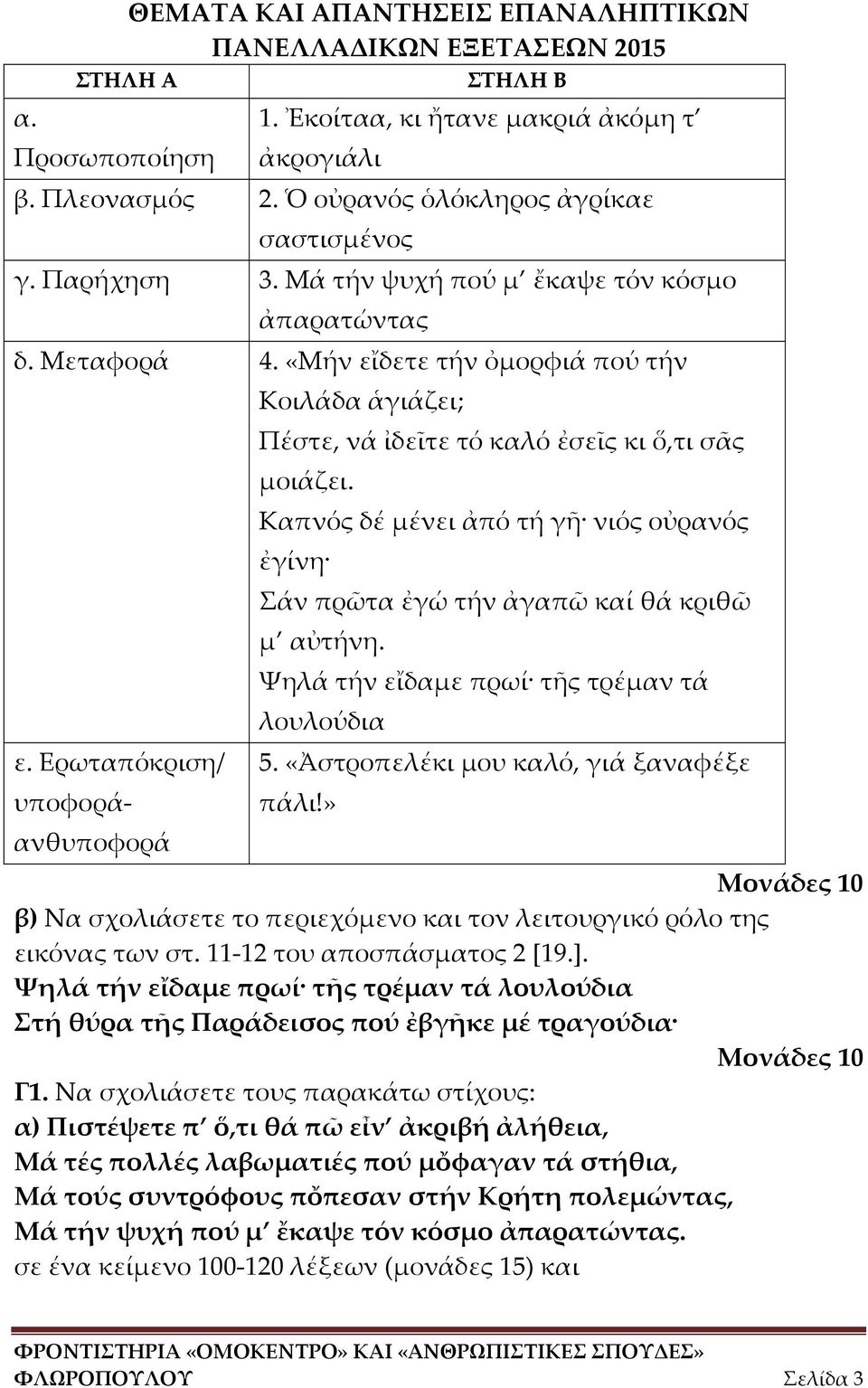 Καπνός δέ μένει ἀπό τή γῆ νιός οὐρανός ἐγίνη Σάν πρῶτα ἐγώ τήν ἀγαπῶ καί θά κριθῶ μ αὐτήνη. Ψηλά τήν εἴδαμε πρωί τῆς τρέμαν τά λουλούδια 5. «Ἀστροπελέκι μου καλό, γιά ξαναφέξε πάλι!