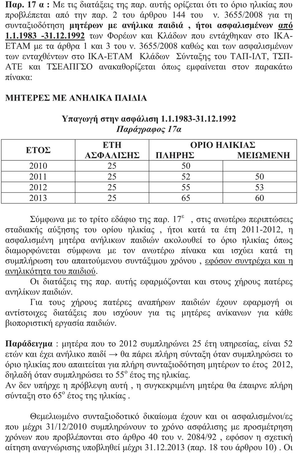 3655/2008 καθώ και των ασφαλισμένων των ενταχθέντων στο ΙΚΑ-ΕΤΑΜ Κλάδων Σύνταξη του ΤΑΠ-ΙΛΤ, ΤΣΠ- ΑΤΕ και ΤΣΕΑΠΓΣΟ ανακαθορίζεται όπω εμφαίνεται στον παρακάτω πίνακα: ΜΗΤΕΡΕΣ ΜΕ ΑΝΗΛΙΚΑ ΠΑΙΔΙΑ