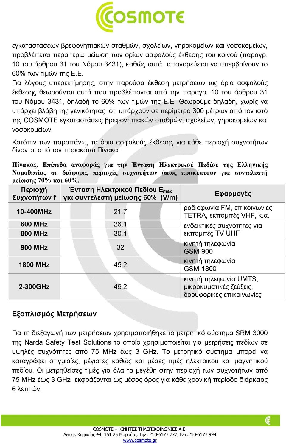 Ε. Για λόγους υπερεκτίµησης, στην παρούσα έκθεση µετρήσεων ως όρια ασφαλούς έκθεσης θεωρούνται αυτά που προβλέπονται από την παραγρ. 10 του άρθρου 31 του Νόµου 3431, δηλαδή το 60% των τιµών της Ε.Ε. Θεωρούµε δηλαδή, χωρίς να υπάρχει βλάβη της γενικότητας, ότι υπάρχουν σε περίµετρο 300 µέτρων από τον ιστό της COSMOTE εγκαταστάσεις βρεφονηπιακών σταθµών, σχολείων, γηροκοµείων και νοσοκοµείων.