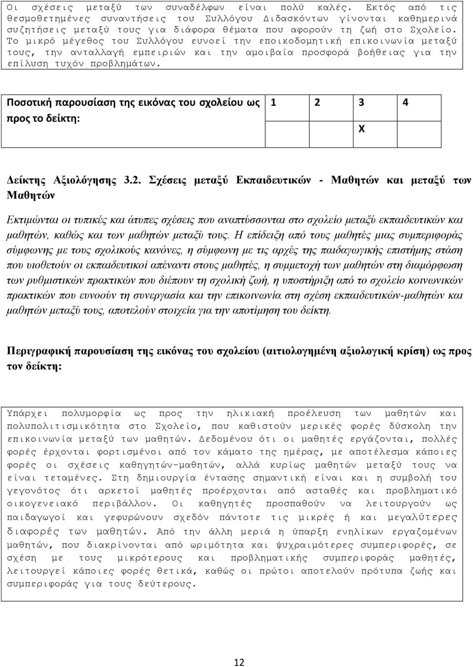 Σν κηθξό κέγεζνο ηνπ πιιόγνπ επλνεί ηελ επνηθνδνκεηηθή επηθνηλσλία κεηαμύ ηνπο, ηελ αληαιιαγή εκπεηξηώλ θαη ηελ ακνηβαία πξνζθνξά βνήζεηαο γηα ηελ επίιπζε ηπρόλ πξνβιεκάησλ. Δείκηηρ Αξιολόγηζηρ 3.2.