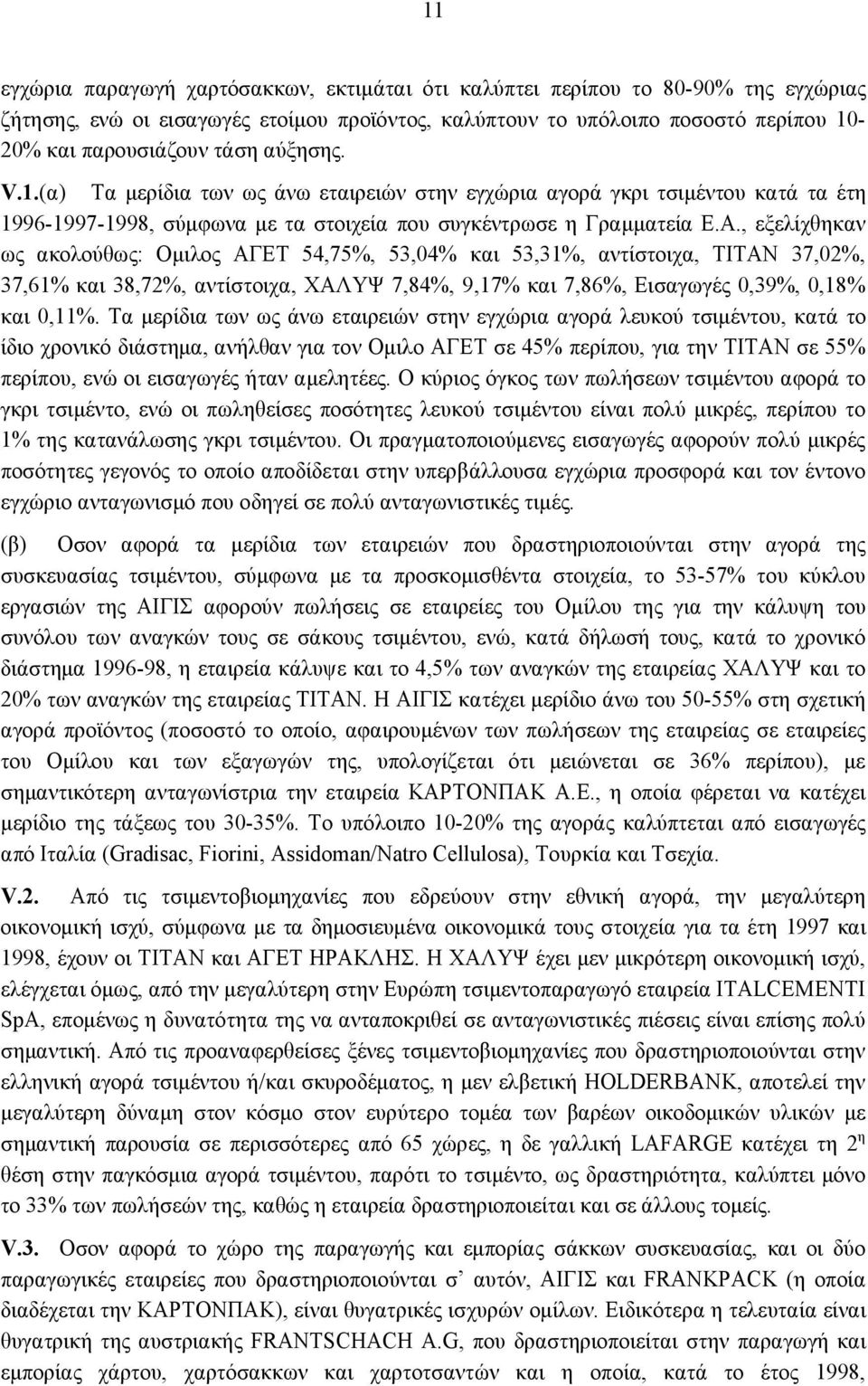 , εξελίχθηκαν ως ακολούθως: Ομιλος ΑΓΕΤ 54,75%, 53,04% και 53,31%, αντίστοιχα, ΤΙΤΑΝ 37,02%, 37,61% και 38,72%, αντίστοιχα, ΧΑΛΥΨ 7,84%, 9,17% και 7,86%, Εισαγωγές 0,39%, 0,18% και 0,11%.