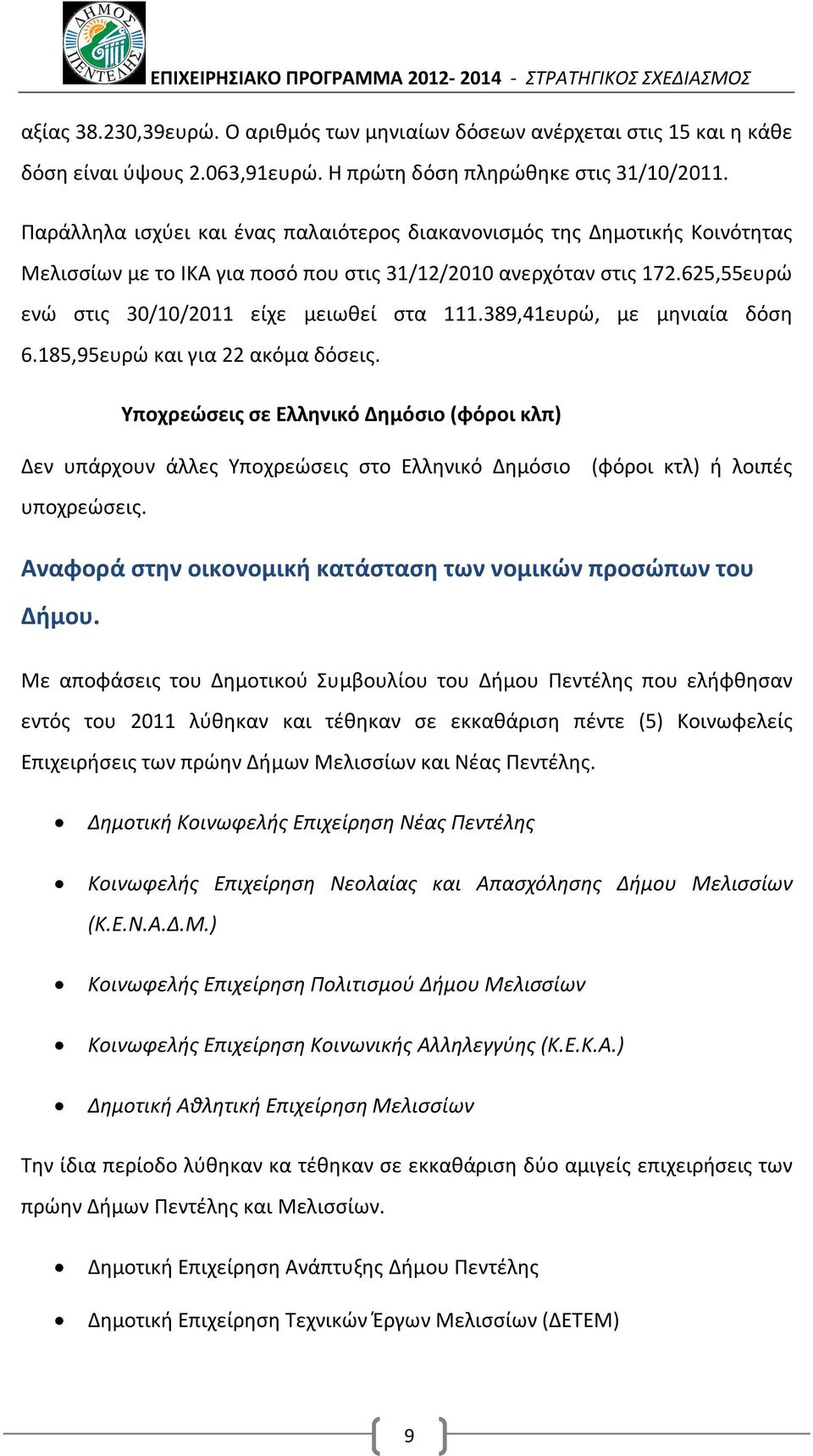 389,41ευρώ, με μηνιαία δόση 6.185,95ευρώ και για 22 ακόμα δόσεις. Υποχρεώσεις σε Ελληνικό Δημόσιο (φόροι κλπ) Δεν υπάρχουν άλλες Υποχρεώσεις στο Ελληνικό Δημόσιο υποχρεώσεις.