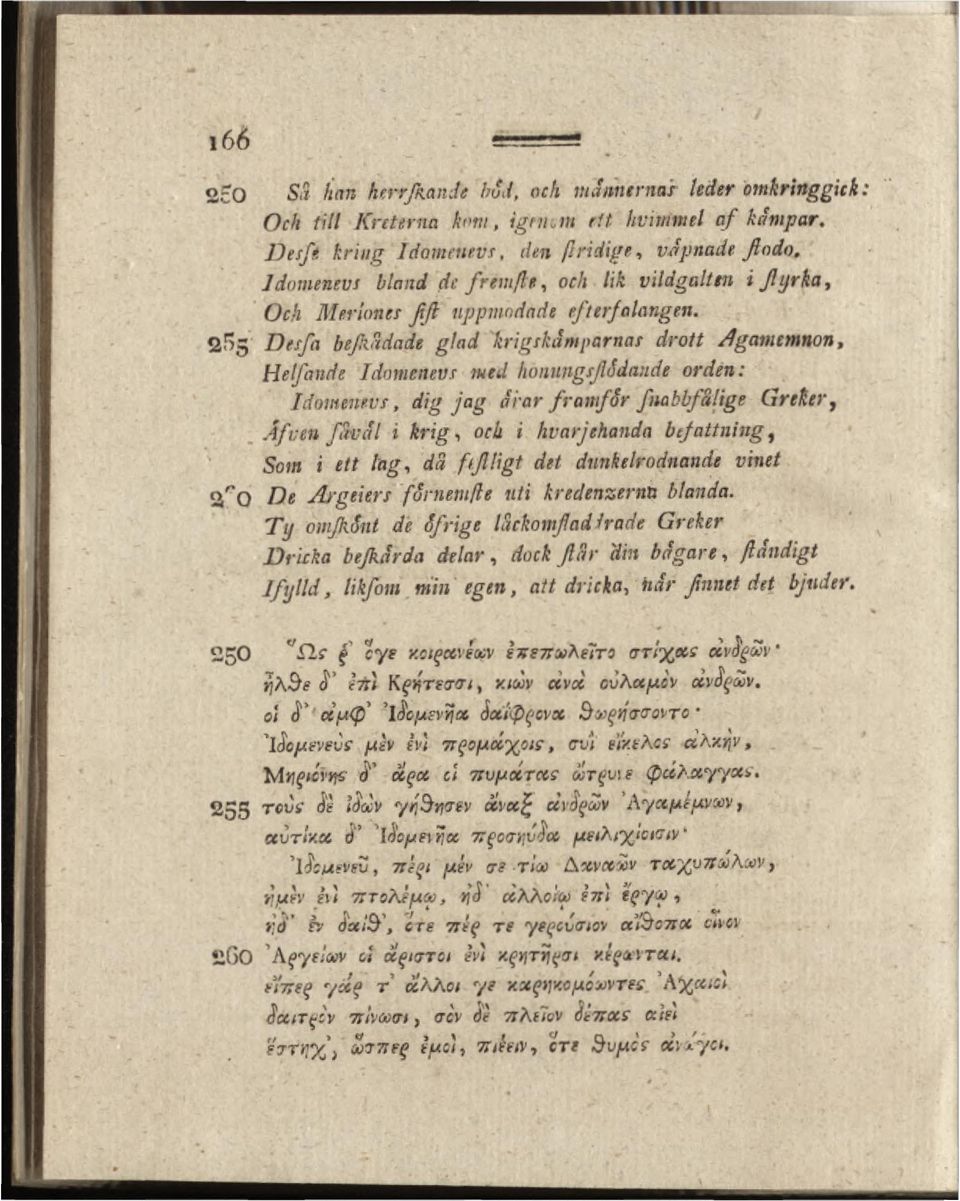 2Π5 Desfa befiädade glad krigskäm parnas dvott Agamemnon, Helfan de Idomenevs med honungsfådande orden: Idomenevs, dig ja g ärar fram for fnabbfälige Greker, Åfuen Javäl i k r ig, och i hvarjehandn