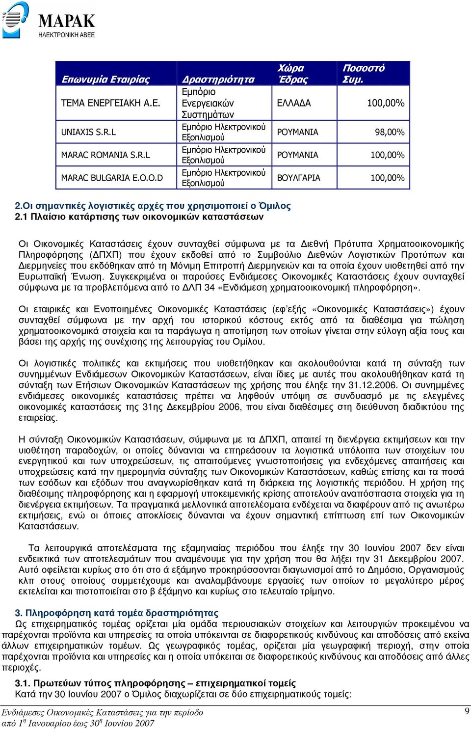 ΕΛΛΑ Α 100,00% ΡΟΥΜΑΝΙΑ 98,00% ΡΟΥΜΑΝΙΑ 100,00% ΒΟΥΛΓΑΡΙΑ 100,00% 2.Οι σηµαντικές λογιστικές αρχές που χρησιµοποιεί ο Όµιλος 2.