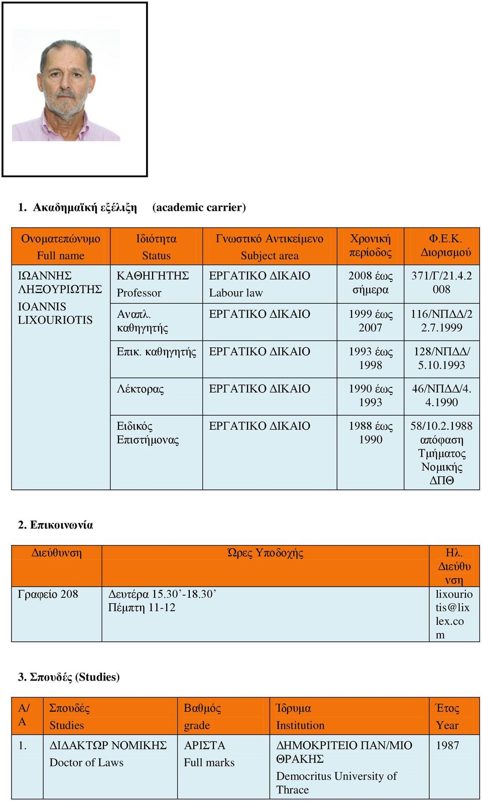 καθηγητής ΕΡΓΑΤΙΚΟ ΔΙΚΑΙΟ 1993 έως 1998 Λέκτορας ΕΡΓΑΤΙΚΟ ΔΙΚΑΙΟ 1990 έως 1993 128/NΠΔΔ/ 5.10.1993 46/NΠΔΔ/4. 4.1990 Ειδικός Επιστήμονας ΕΡΓΑΤΙΚΟ ΔΙΚΑΙΟ 1988 έως 1990 58/10.2.1988 απόφαση Τμήματος Νομικής ΔΠΘ 2.