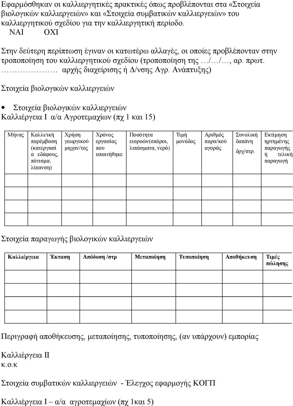 Ανάπτυξης) Στοιχεία βιολογικών καλλιεργειών Στοιχεία βιολογικών καλλιεργειών Καλλιέργεια Ι α/α Αγροτεμαχίων (πχ 1 και 15) Μήνας Καλλι/ική παρέμβαση (κατεργασί α εδάφους, πότισμα, λίπανση) Χρήση