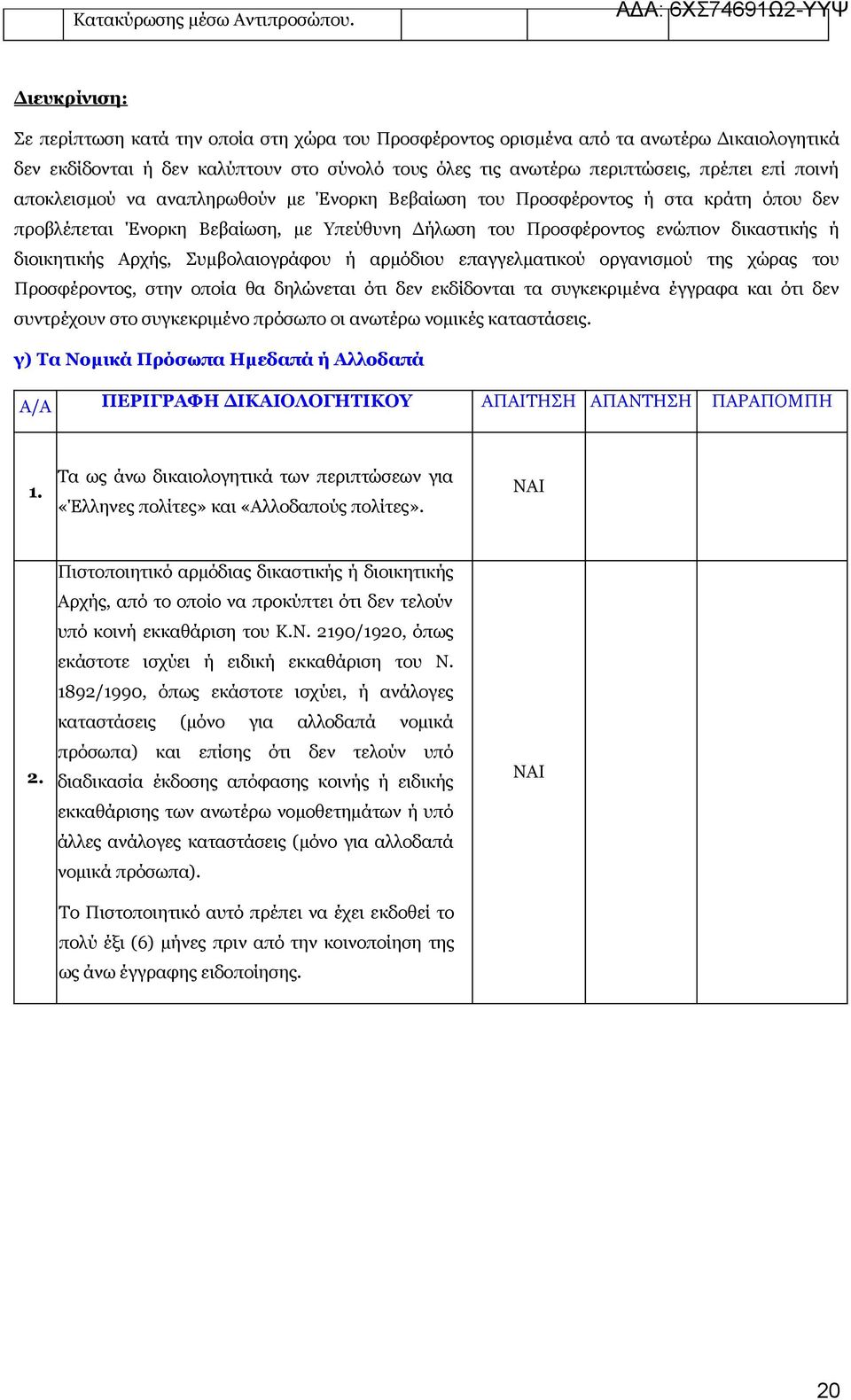 αποκλεισμού να αναπληρωθούν με Ένορκη Βεβαίωση του Προσφέροντος ή στα κράτη όπου δεν προβλέπεται Ένορκη Βεβαίωση, με Υπεύθυνη Δήλωση του Προσφέροντος ενώπιον δικαστικής ή διοικητικής Αρχής,