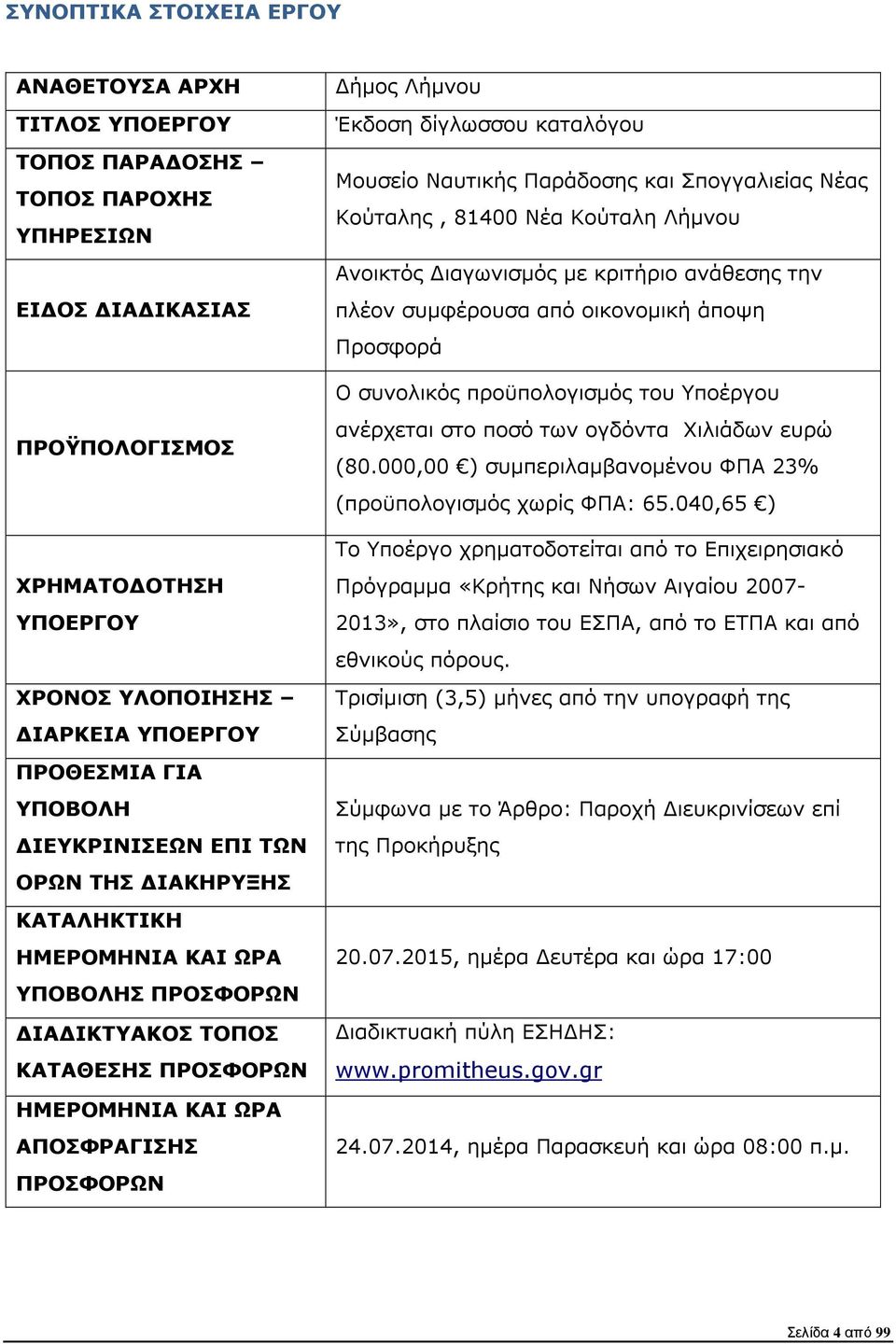 ΟΤΗΣΗ ΥΠΟΕΡΓΟΥ ΧΡΟΝΟΣ ΥΛΟΠΟΙΗΣΗΣ ΙΑΡΚΕΙΑ ΥΠΟΕΡΓΟΥ ΠΡΟΘΕΣΜΙΑ ΓΙΑ ΥΠΟΒΟΛΗ ΙΕΥΚΡΙΝΙΣΕΩΝ ΕΠΙ ΤΩΝ ΟΡΩΝ ΤΗΣ ΙΑΚΗΡΥΞΗΣ ΚΑΤΑΛΗΚΤΙΚΗ ΗΜΕΡΟΜΗΝΙΑ ΚΑΙ ΩΡΑ ΥΠΟΒΟΛΗΣ ΠΡΟΣΦΟΡΩΝ ΙΑ ΙΚΤΥΑΚΟΣ ΤΟΠΟΣ ΚΑΤΑΘΕΣΗΣ ΠΡΟΣΦΟΡΩΝ