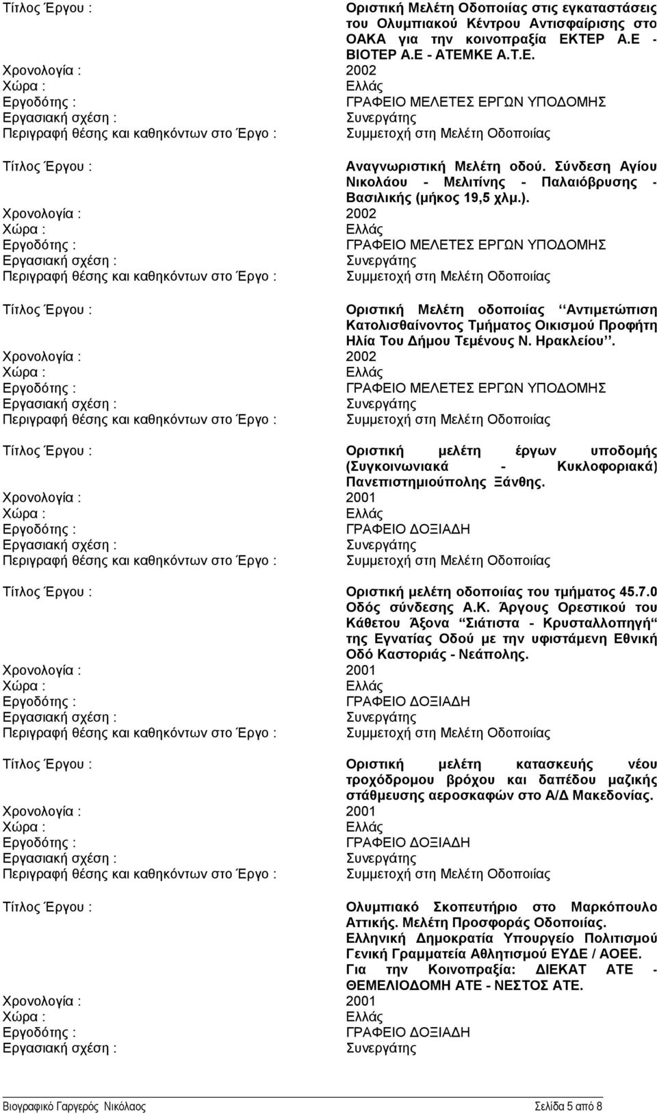Οριστική µελέτη έργων υποδοµής (Συγκοινωνιακά - Κυκλοφοριακά) Πανεπιστηµιούπολης Ξάνθης. Χρονολογία : 2001 Οριστική µελέτη οδοποιίας του τµήµατος 45.7.0 Οδός σύνδεσης Α.Κ. Άργους Ορεστικού του Κάθετου Άξονα Σιάτιστα - Κρυσταλλοπηγή της Εγνατίας Οδού µε την υφιστάµενη Εθνική Οδό Καστοριάς - Νεάπολης.