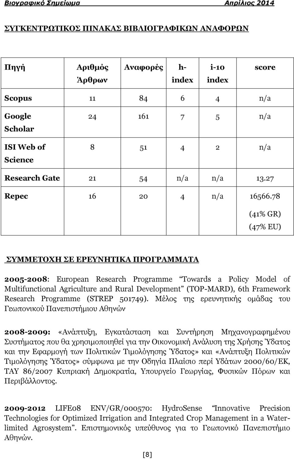 78 (41% GR) (47% EU) ΤΜΜΔΣΟΥΗ Δ ΔΡΔΤΝΗΣΙΚΑ ΠΡΟΓΡΑΜΜΑΣΑ 2005-2008: European Research Programme Towards a Policy Model of Multifunctional Agriculture and Rural Development (TOP-MARD), 6th Framework