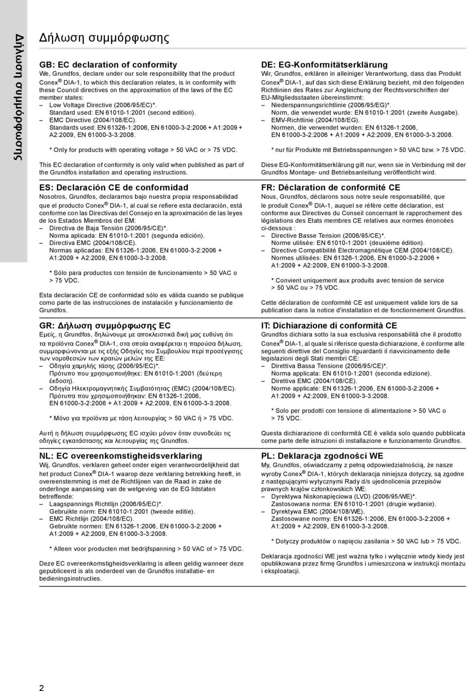 EMC Directive (2004/108/EC). Standards used: EN 61326-1:2006, EN 61000-3-2:2006 + A1:2009 + A2:2009, EN 61000-3-3:2008. * Only for products with operating voltage > 50 VAC or > 75 VDC.