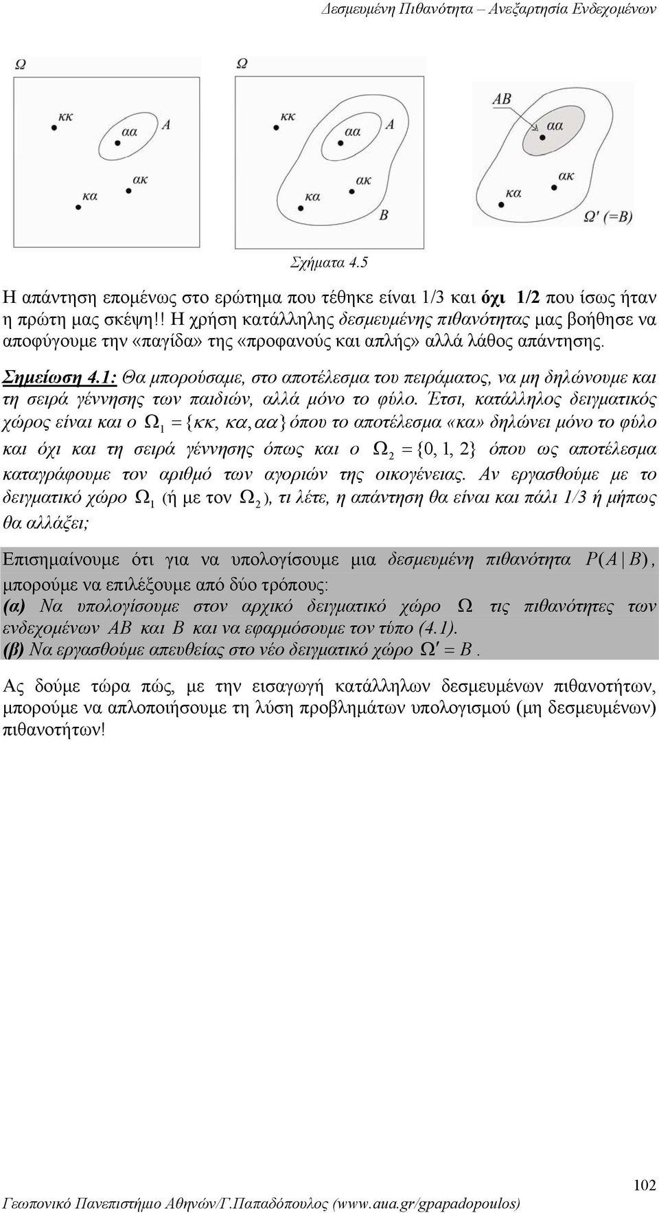 και τη σειρά γέησης τω παιδιώ, αλλά μόο το φύλο Έτσι, κατάλληλος δειγματικός χώρος είαι και o Ω = { κκ, κα, αα} όπου το αποτέλεσμα «κα» δηλώει μόο το φύλο και όχι και τη σειρά γέησης όπως και ο Ω =