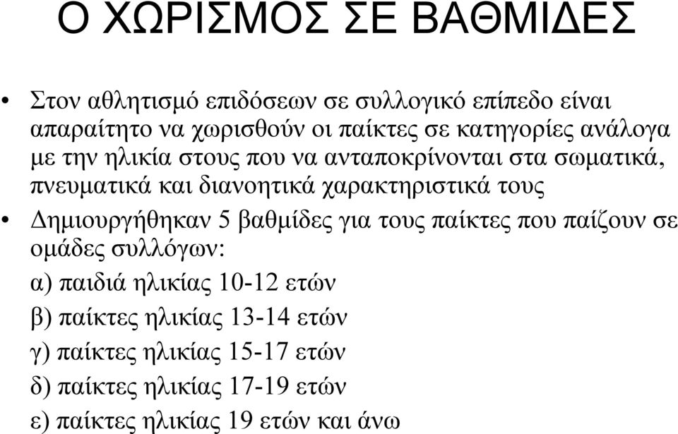 χαρακτηριστικά τους Δημιουργήθηκαν 5 βαθμίδες για τους παίκτες που παίζουν σε ομάδες συλλόγων: α) παιδιά ηλικίας
