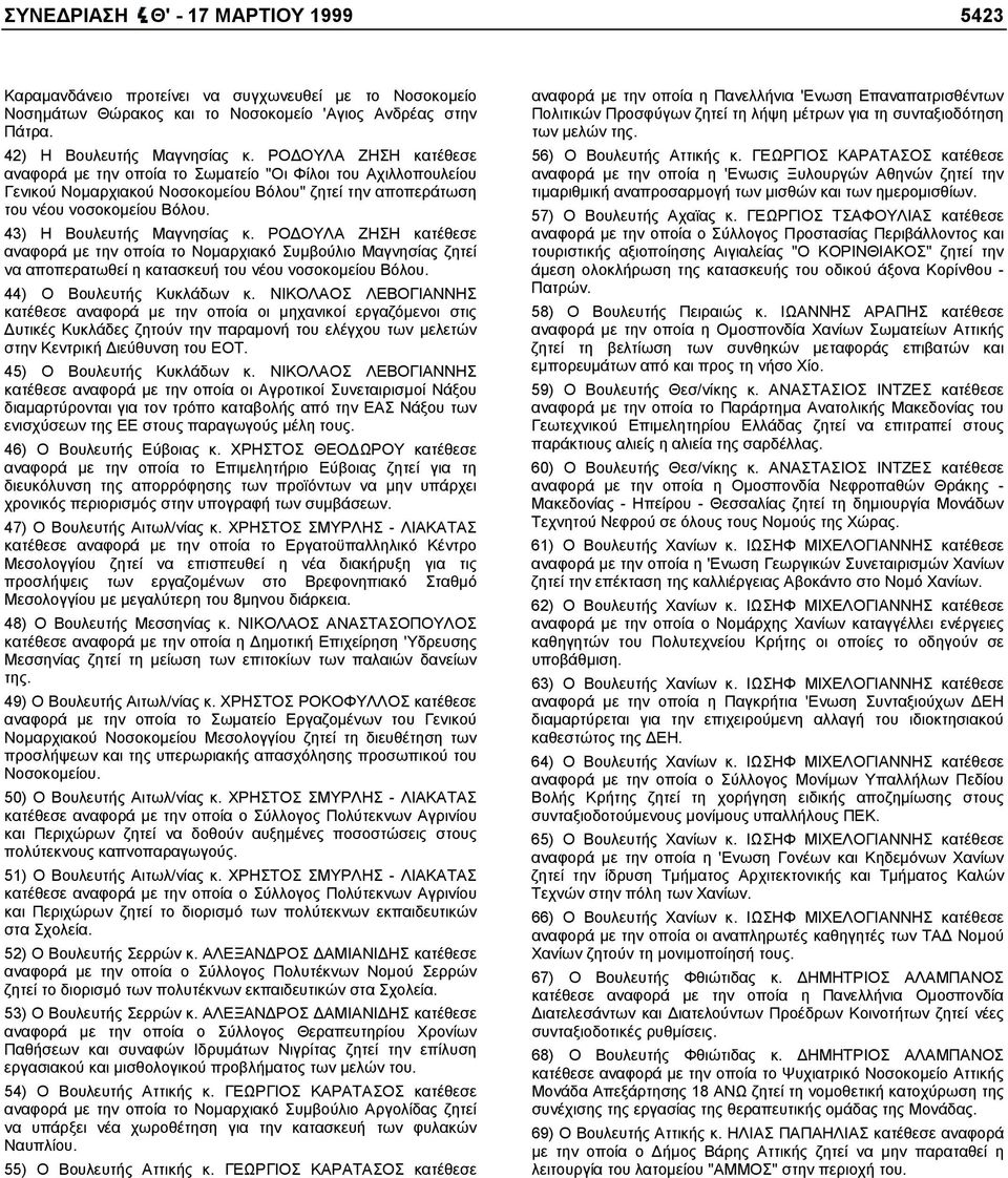 43) Η Βουλευτής Μαγνησίας κ. ΡΟ ΟΥΛΑ ΖΗΣΗ κατέθεσε αναφορά µε την οποία το Νοµαρχιακό Συµβούλιο Μαγνησίας ζητεί να αποπερατωθεί η κατασκευή του νέου νοσοκοµείου Βόλου. 44) Ο Βουλευτής Κυκλάδων κ.