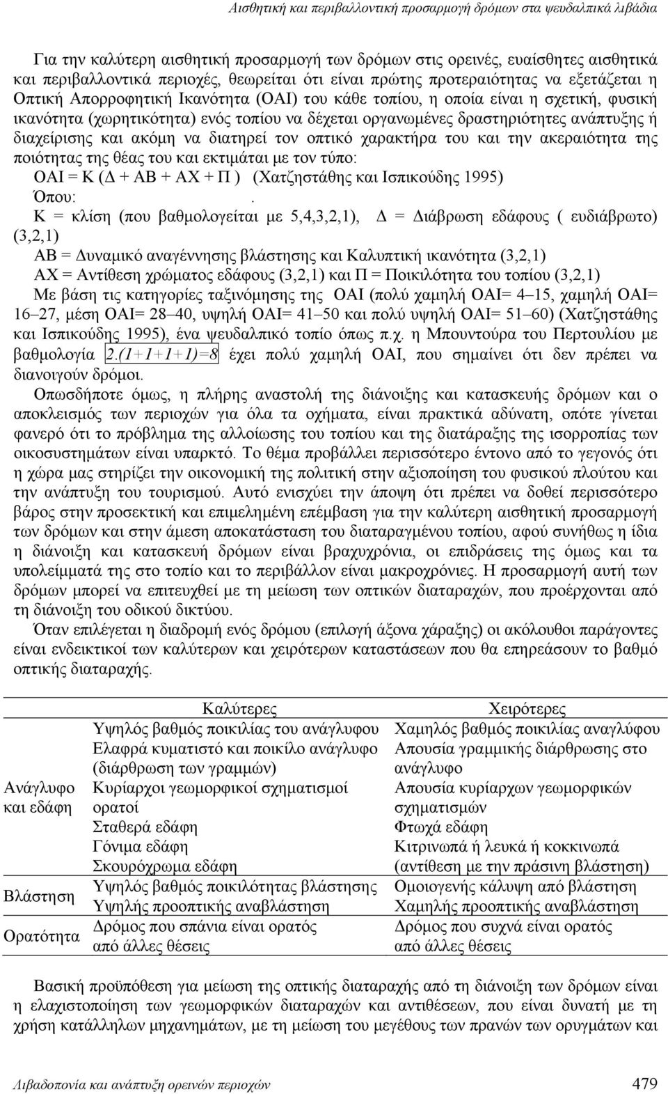 δραστηριότητες ανάπτυξης ή διαχείρισης και ακόμη να διατηρεί τον οπτικό χαρακτήρα του και την ακεραιότητα της ποιότητας της θέας του και εκτιμάται με τον τύπο: ΟΑΙ = Κ (Δ + ΑΒ + ΑΧ + Π ) (Χατζηστάθης