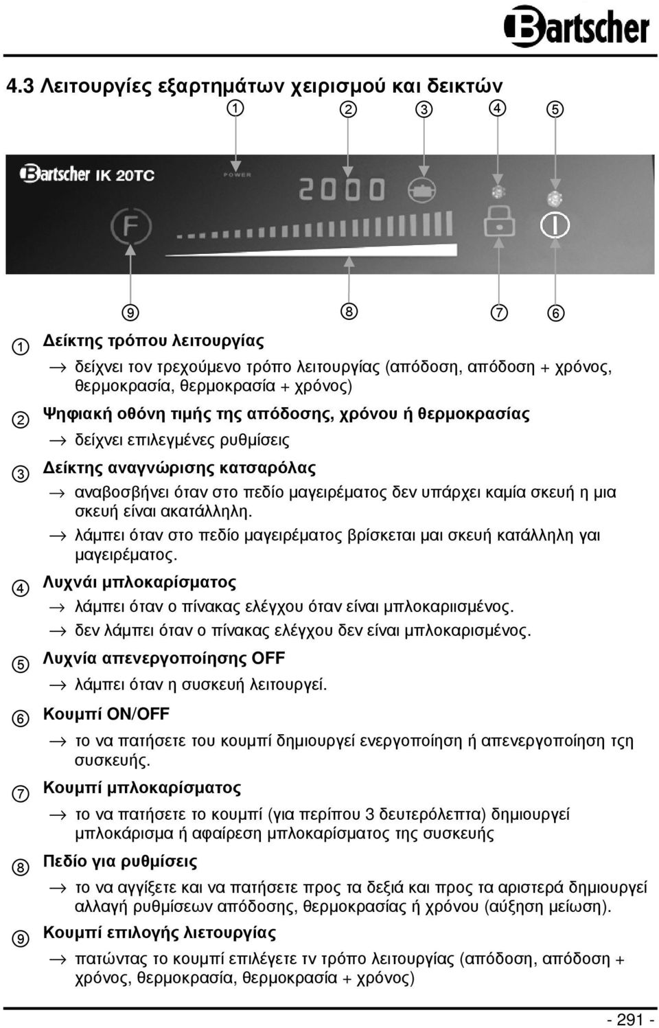 σκευή είναι ακατάλληλη. λάµπει όταν στο πεδίο µαγειρέµατος βρίσκεται µαι σκευή κατάλληλη γαι µαγειρέµατος. Λυχνάι µπλοκαρίσµατος λάµπει όταν ο πίνακας ελέγχου όταν είναι µπλοκαριισµένος.