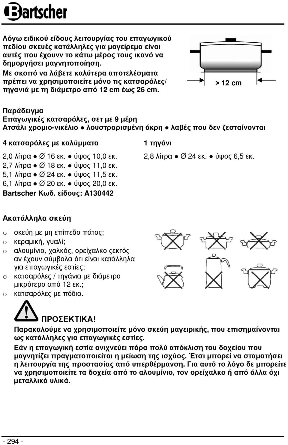 > 12 cm Παράδειγµα Επαγωγικές κατσαρόλες, σετ µε 9 µέρη Ατσάλι χροµιο-νικέλιο λουστραρισµένη άκρη λαβές που δεν ζεσταίνονται 4 κατσαρόλες µε καλύµµατα 1 τηγάνι 2,0 λίτρα Ø 16 εκ. ύψος 10,0 εκ.