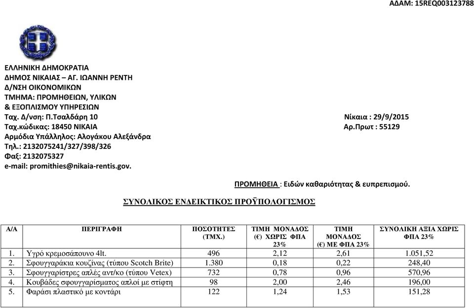 ΣΥΝΟΛΙΚΟΣ ΕΝ ΕΙΚΤΙΚΟΣ ΠΡΟΫΠΟΛΟΓΙΣΜΟΣ ΠΡΟΜΗΘΕΙΑ : Ειδών καθαριότητας & ευπρεπισμού. Α/Α ΠΕΡΙΓΡΑΦΗ ΠΟΣΟΤΗΤΕΣ (ΤΜΧ.) ( ) ΧΩΡΙΣ ΦΠΑ ( ) ΜΕ ΣΥΝΟΛΙΚΗ ΑΞΙΑ ΧΩΡΙΣ 1. Υγρό κρεµοσάπουνο 4lt.