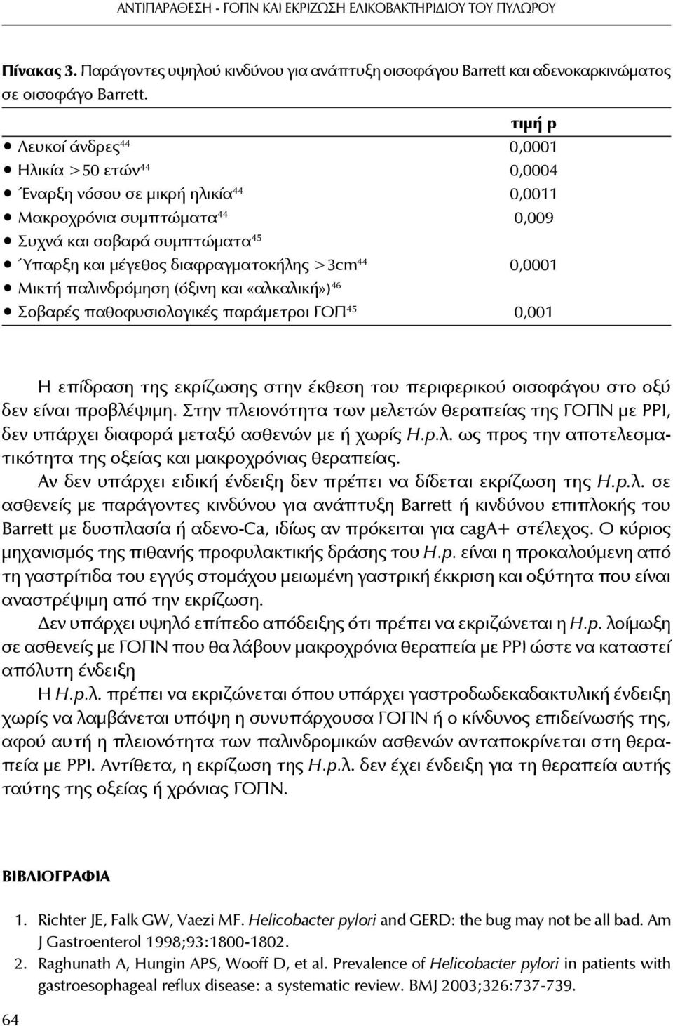 44 0,0001 Μικτή παλινδρόμηση (όξινη και «αλκαλική») 46 Σοβαρές παθοφυσιολογικές παράμετροι ΓΟΠ 45 0,001 Η επίδραση της εκρίζωσης στην έκθεση του περιφερικού οισοφάγου στο οξύ δεν είναι προβλέψιμη.