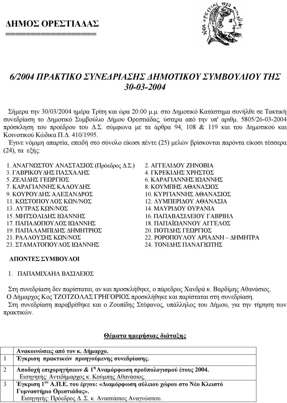 5805/26-03-2004 πρόσκληση τoυ πρoέδρου τoυ Δ.Σ. σύμφωvα με τα άρθρα 94, 108 & 119 και τoυ Δημoτικoύ και Κoιvoτικoύ Κώδικα Π.Δ. 410/1995.