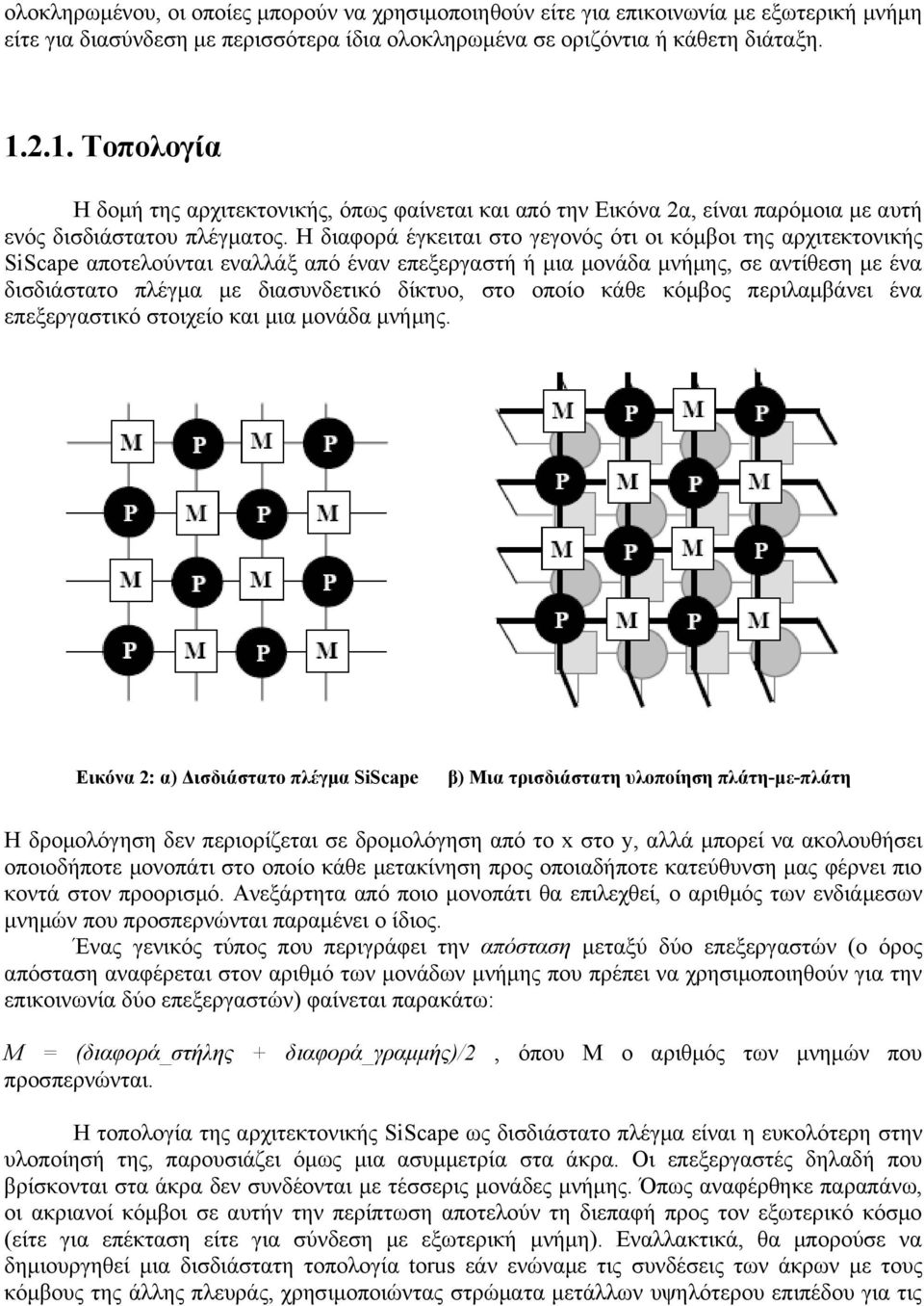 Η διαφορά έγκειται στο γεγονός ότι οι κόμβοι της αρχιτεκτονικής SiScape αποτελούνται εναλλάξ από έναν επεξεργαστή ή μια μονάδα μνήμης, σε αντίθεση με ένα δισδιάστατο πλέγμα με διασυνδετικό δίκτυο,