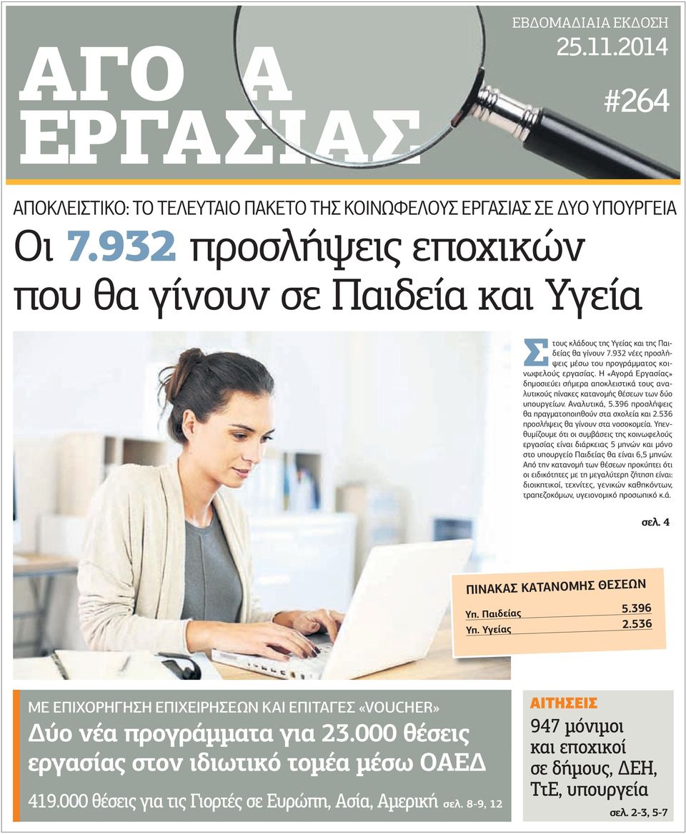 Η «Αγορά Εργασίας» δηµοσιεύει σήµερα αποκλειστικά τους αναλυτικούς πίνακες κατανοµής θέσεων των δύο υπουργείων. Αναλυτικά, 5.396 προσλήψεις θα πραγµατοποιηθούν στα σχολεία και 2.