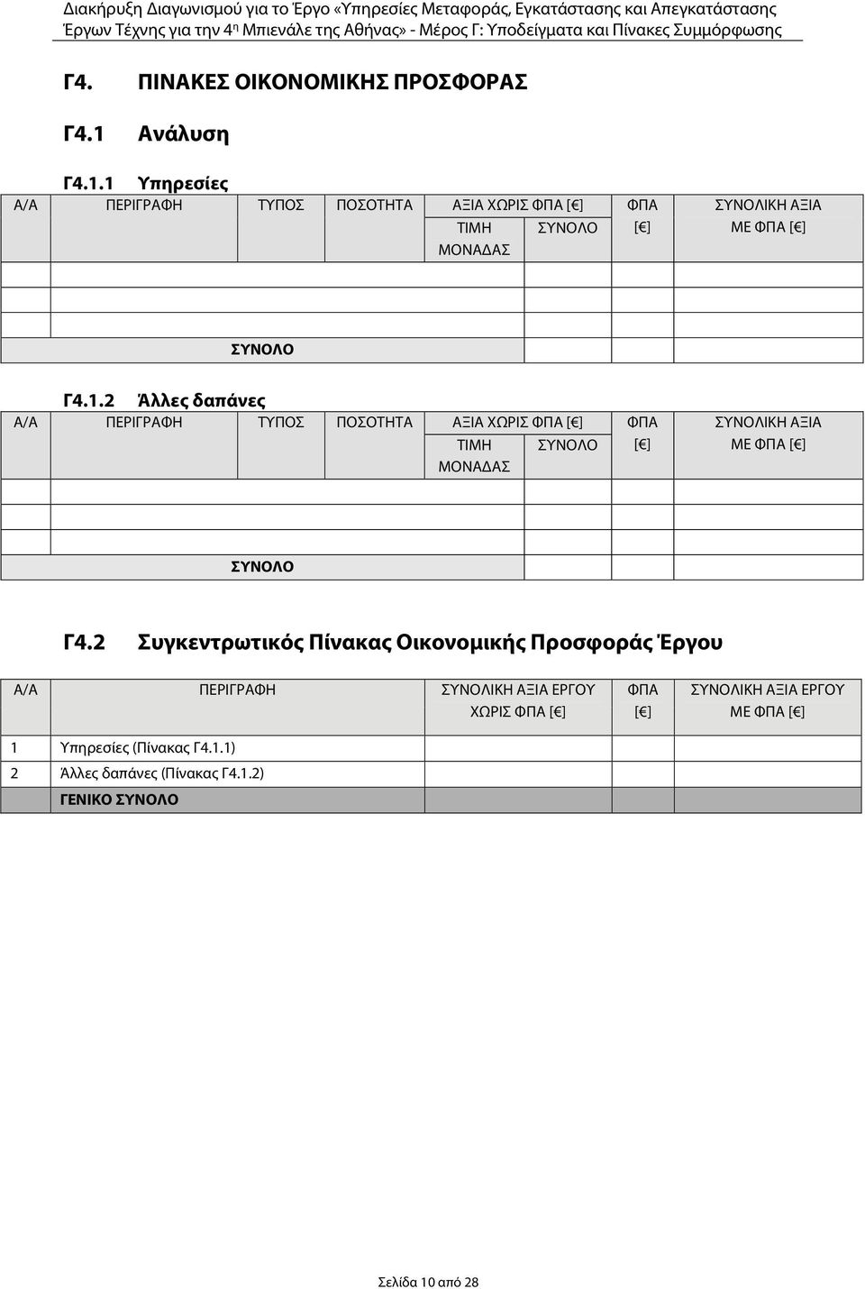 1 Υπηρεσίες Α/Α ΠΕΡΙΓΡΑΦΗ ΤΥΠΟΣ ΠΟΣΟΤΗΤΑ ΑΞΙΑ ΧΩΡΙΣ ΦΠΑ [ ] ΦΠΑ ΤΙΜΗ ΣΥΝΟΛΟ [ ] ΜΟΝΑΔΑΣ ΣΥΝΟΛΙΚΗ ΑΞΙΑ ΜΕ ΦΠΑ [ ] ΣΥΝΟΛΟ Γ4.1.2 Άλλες δαπάνες Α/Α ΠΕΡΙΓΡΑΦΗ ΤΥΠΟΣ ΠΟΣΟΤΗΤΑ ΑΞΙΑ ΧΩΡΙΣ ΦΠΑ [ ] ΦΠΑ ΤΙΜΗ ΣΥΝΟΛΟ [ ] ΜΟΝΑΔΑΣ ΣΥΝΟΛΙΚΗ ΑΞΙΑ ΜΕ ΦΠΑ [ ] ΣΥΝΟΛΟ Γ4.