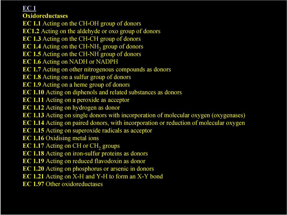 8 Acting on a sulfur group of donors EC 1.9 Acting on a heme group of donors EC 1.10 Acting on diphenols and related substances as donors EC 1.11 Acting on a peroxide as acceptor EC 1.