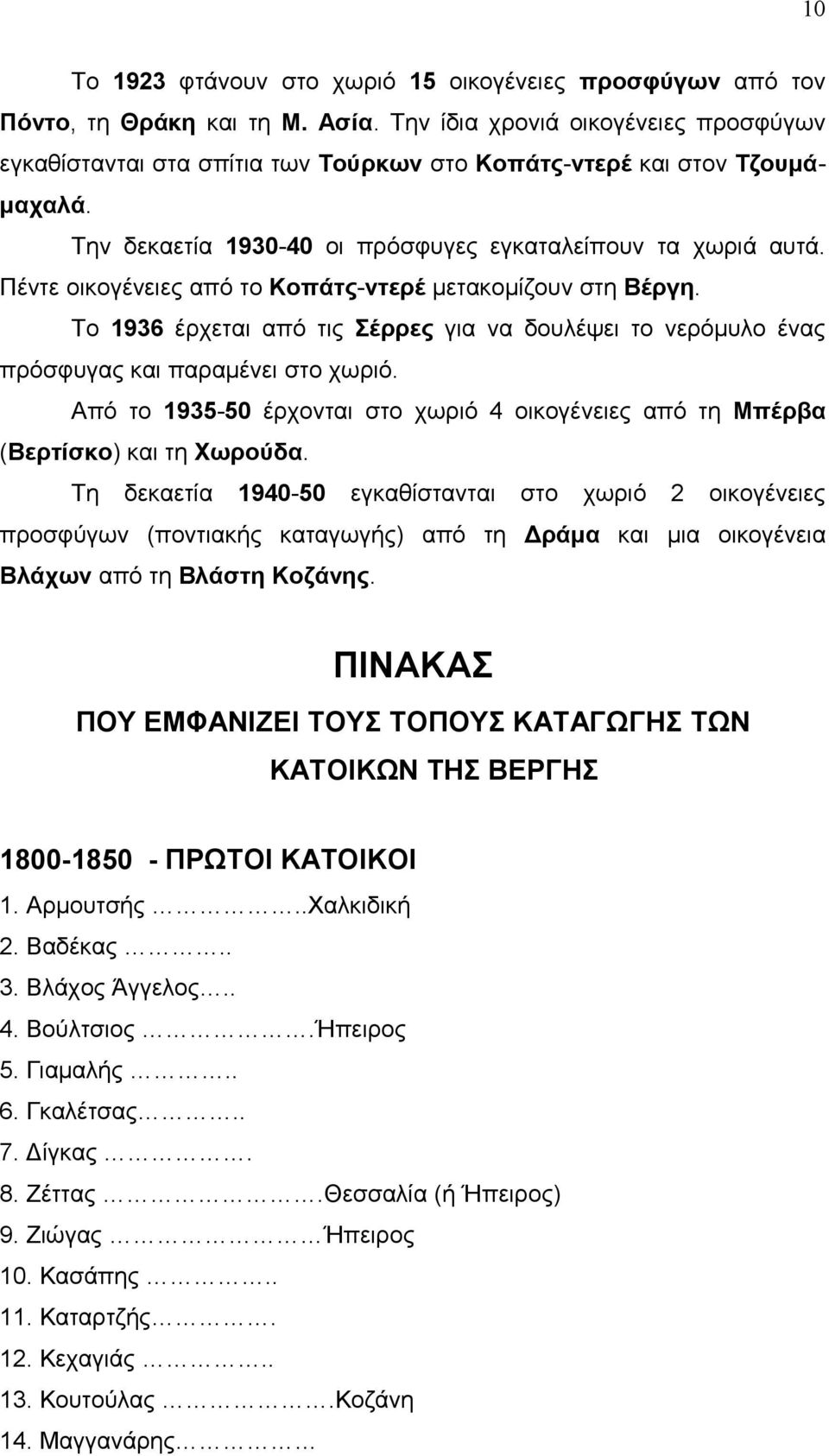 Πέντε οικογένειες από το Κοπάτς-ντερέ μετακομίζουν στη Βέργη. Το 1936 έρχεται από τις Σέρρες για να δουλέψει το νερόμυλο ένας πρόσφυγας και παραμένει στο χωριό.