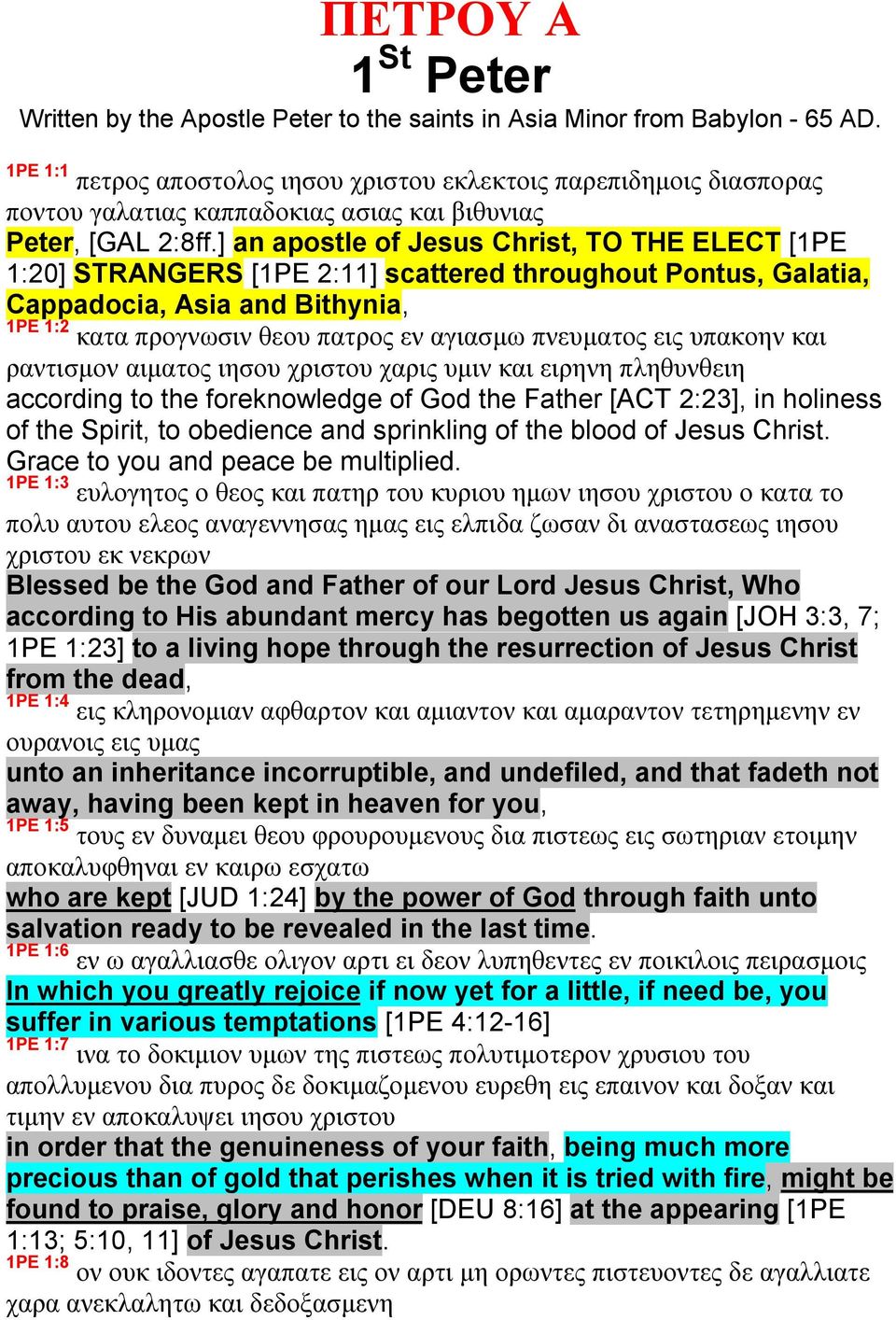 ] an apostle of Jesus Christ, TO THE ELECT [1PE 1:20] STRANGERS [1PE 2:11] scattered throughout Pontus, Galatia, Cappadocia, Asia and Bithynia, 1PΕ 1:2 κατα προγνωσιν θεου πατρος εν αγιασμω πνευματος