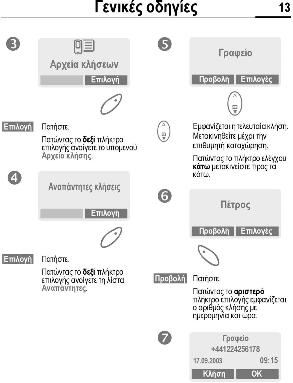 Επιλογή Πατώντας το δεξί πλήκτρο επιλογής ανοίγετε τη λίστα Αναπάντητες. F Προβολή Εµφανίζεται η τελευταία κλήση.