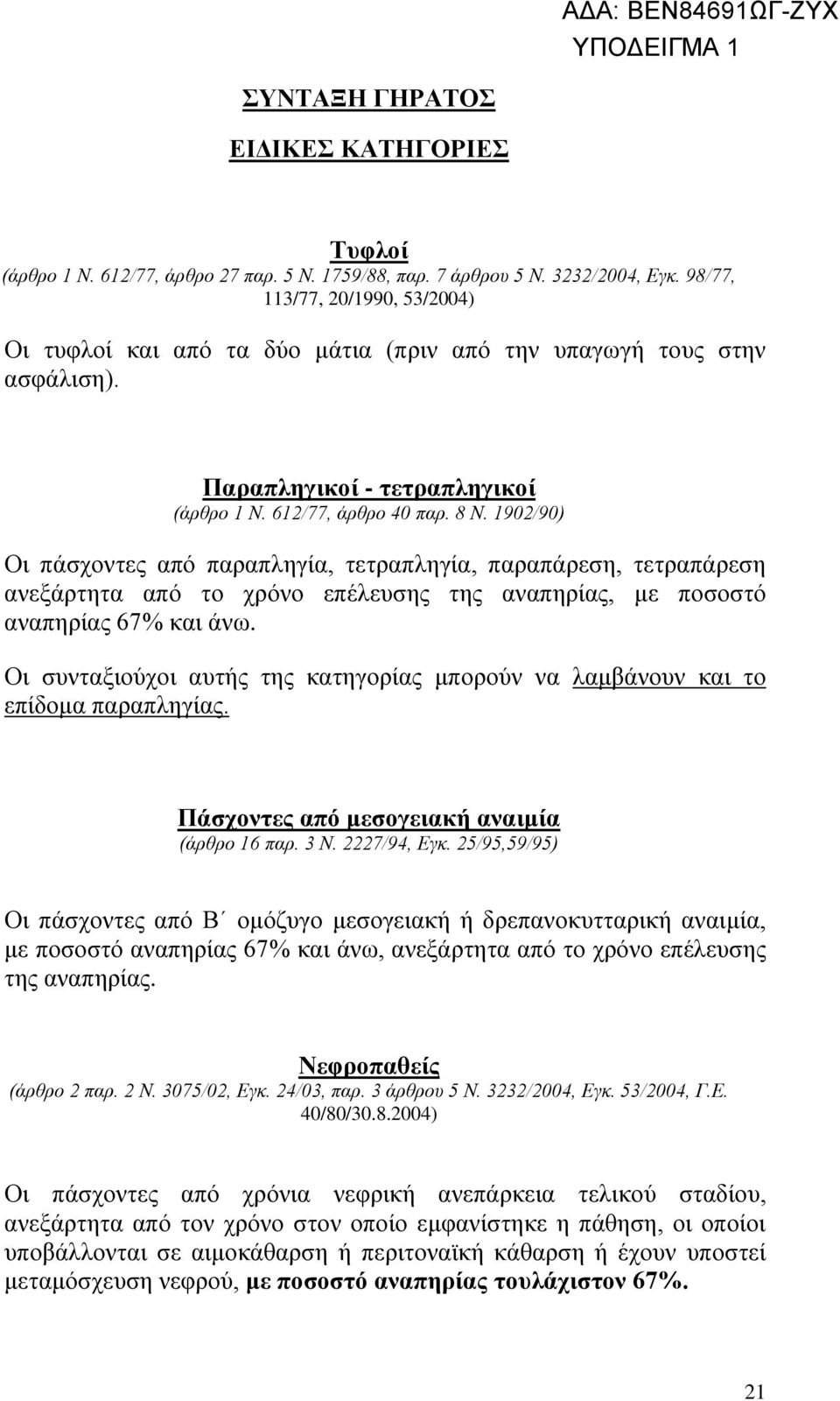 1902/90) Οι πάσχοντες από παραπληγία, τετραπληγία, παραπάρεση, τετραπάρεση ανεξάρτητα από το χρόνο επέλευσης της αναπηρίας, με ποσοστό αναπηρίας 67% και άνω.