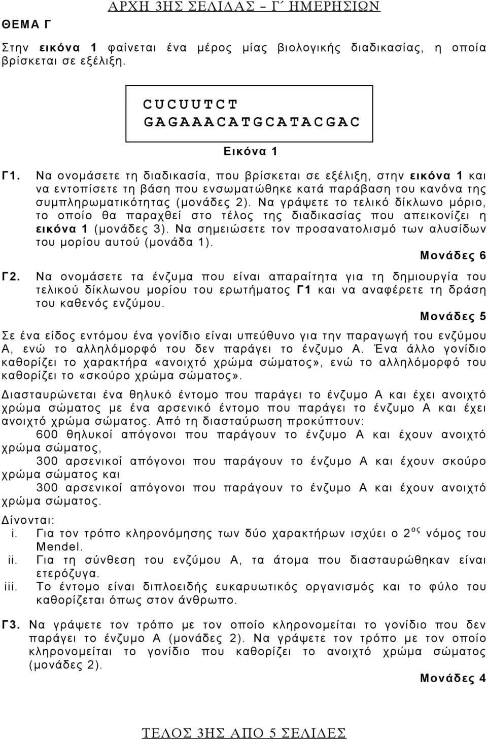 Να γράψετε το τελικό δίκλωνο μόριο, το οποίο θα παραχθεί στο τέλος της διαδικασίας που απεικονίζει η εικόνα 1 (μονάδες 3). Να σημειώσετε τον προσανατολισμό των αλυσίδων του μορίου αυτού (μονάδα 1).