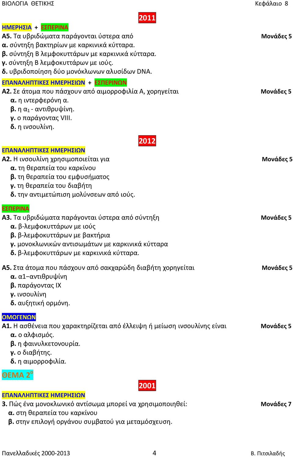 2012 Α2. Η ινσουλίνη χρησιμοποιείται για Μονάδες 5 α. τη θεραπεία του καρκίνου β. τη θεραπεία του εμφυσήματος γ. τη θεραπεία του διαβήτη δ. την αντιμετώπιση μολύνσεων από ιούς. Α3.