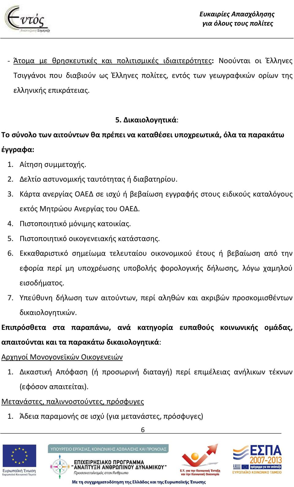 Κάρτα ανεργίας ΟΑΕΔ σε ισχύ ή βεβαίωση εγγραφής στους ειδικούς καταλόγους εκτός Μητρώου Ανεργίας του ΟΑΕΔ. 4. Πιστοποιητικό μόνιμης κατοικίας. 5. Πιστοποιητικό οικογενειακής κατάστασης. 6.