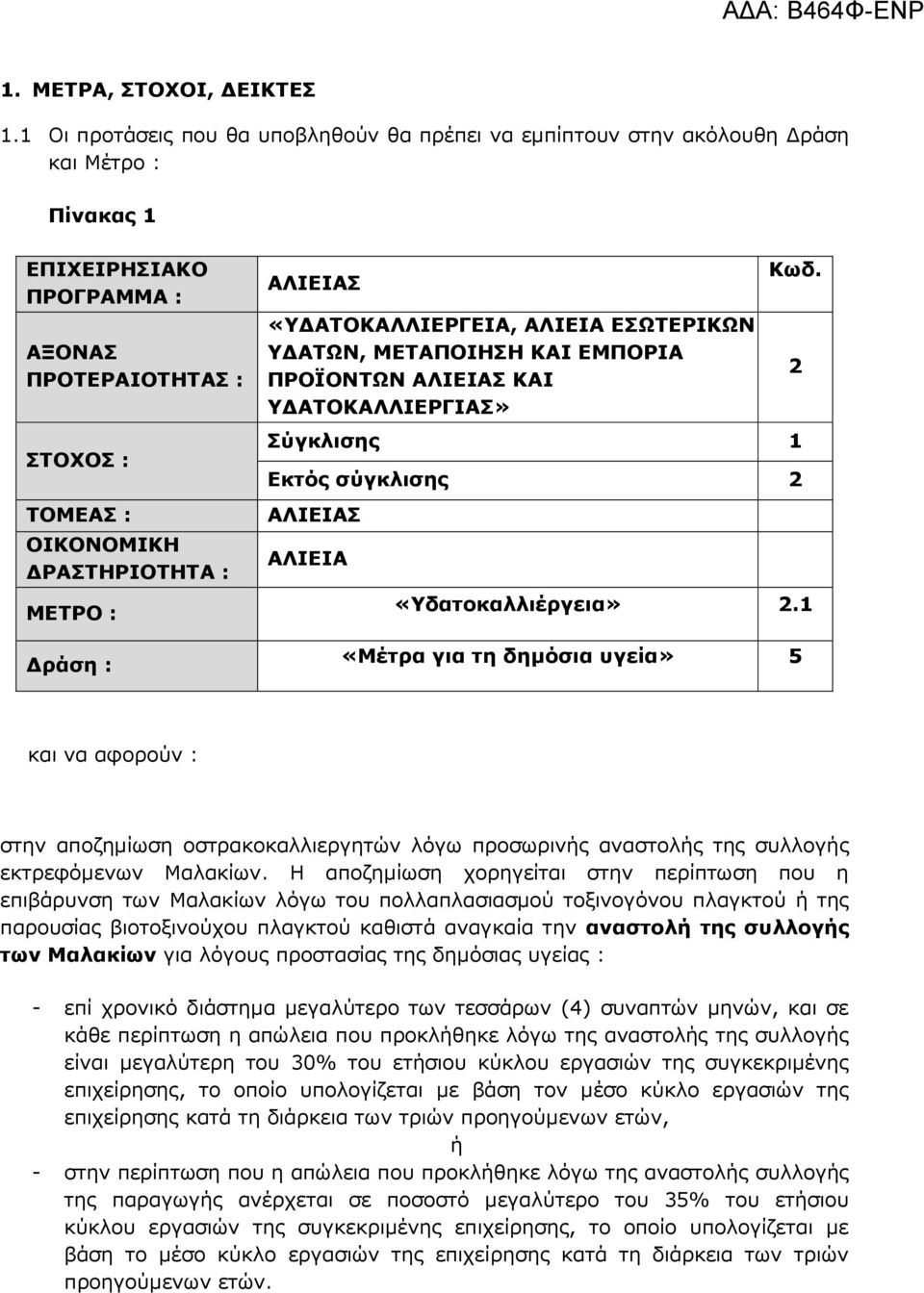 ράση : ΑΛΙΕΙΑΣ «Υ ΑΤΟΚΑΛΛΙΕΡΓΕΙΑ, ΑΛΙΕΙΑ ΕΣΩΤΕΡΙΚΩΝ Υ ΑΤΩΝ, ΜΕΤΑΠΟΙΗΣΗ ΚΑΙ ΕΜΠΟΡΙΑ ΠΡΟΪΟΝΤΩΝ ΑΛΙΕΙΑΣ ΚΑΙ Υ ΑΤΟΚΑΛΛΙΕΡΓΙΑΣ» Κωδ. Σύγκλισης 1 Εκτός σύγκλισης 2 ΑΛΙΕΙΑΣ ΑΛΙΕΙΑ «Υδατοκαλλιέργεια» 2.