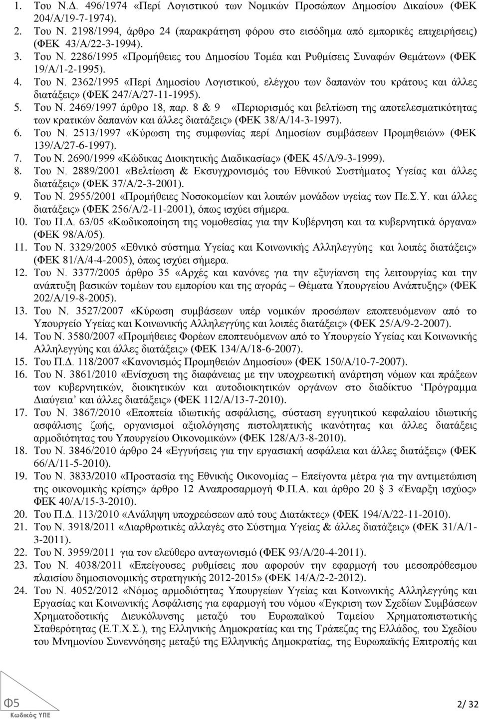 5. Του Ν. 2469/1997 άρθρο 18, παρ. 8 & 9 «Περιορισμός και βελτίωση της αποτελεσματικότητας των κρατικών δαπανών και άλλες διατάξεις» (ΦΕΚ 38/Α/14-3-1997). 6. Του Ν. 2513/1997 «Κύρωση της συμφωνίας περί Δημοσίων συμβάσεων Προμηθειών» (ΦΕΚ 139/Α/27-6-1997).