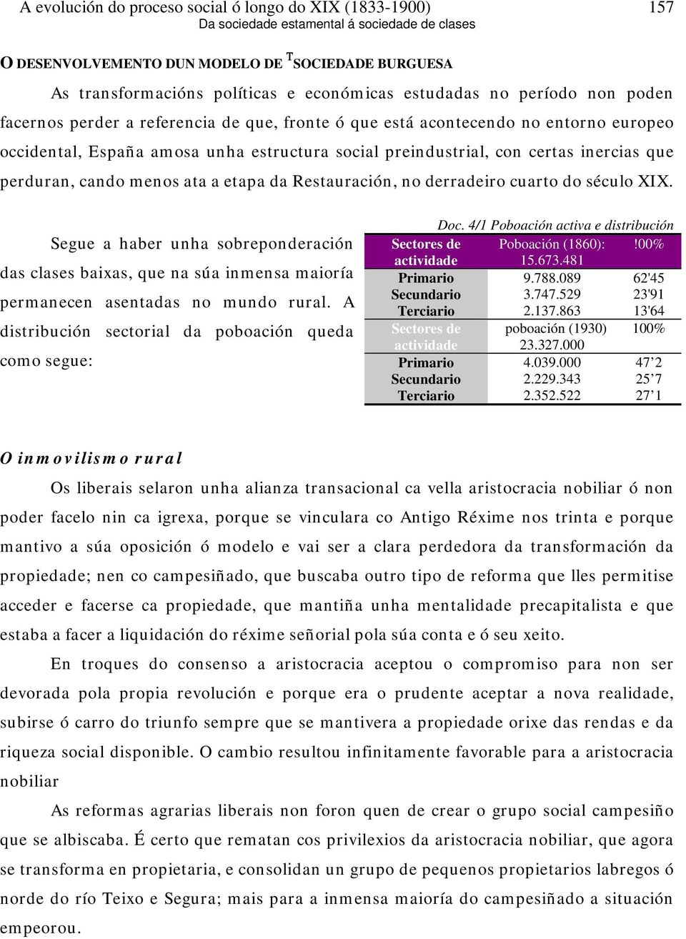 Segue a haber unha sobreponderación das clases baixas, que na súa inmensa maioría permanecen asentadas no mundo rural. A distribución sectorial da poboación queda como segue: Doc.