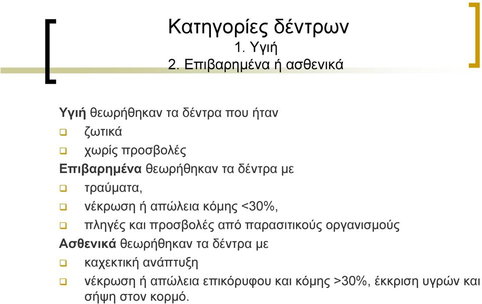 Επιβαρημένα θεωρήθηκαν τα δέντρα με τραύματα, νέκρωση ή απώλεια κόμης <30%, πληγές και